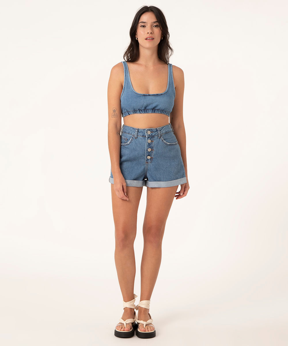 Short Mom com Botões e Barra Dobrada Cintura Super Alta Azul Claro