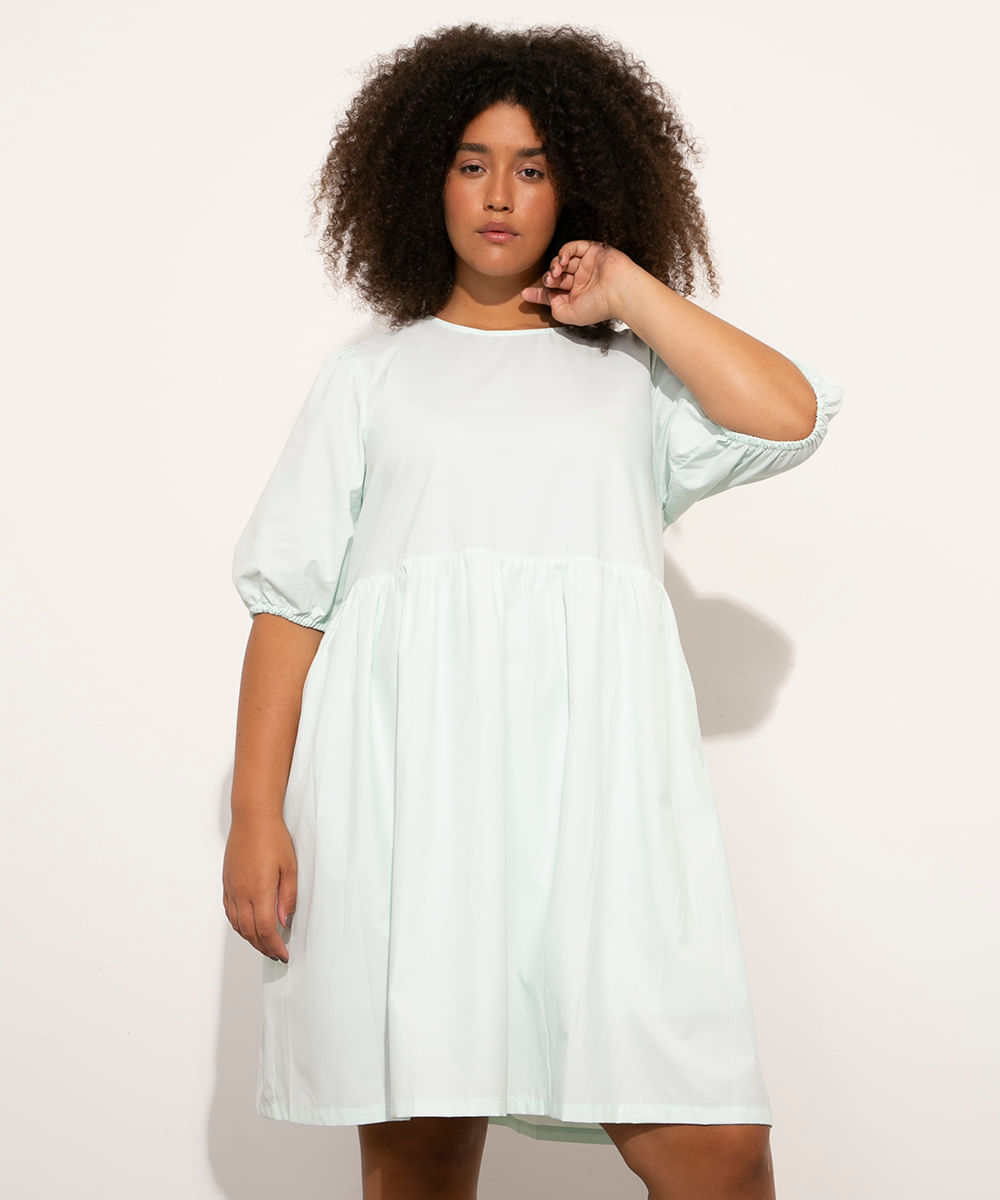 vestido plus size manga curta bufante mindset verde claro