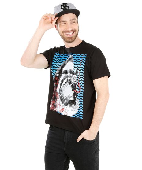 Camiseta-com-Estampa-de-Tubarao-Preta-8127794-Preto_1