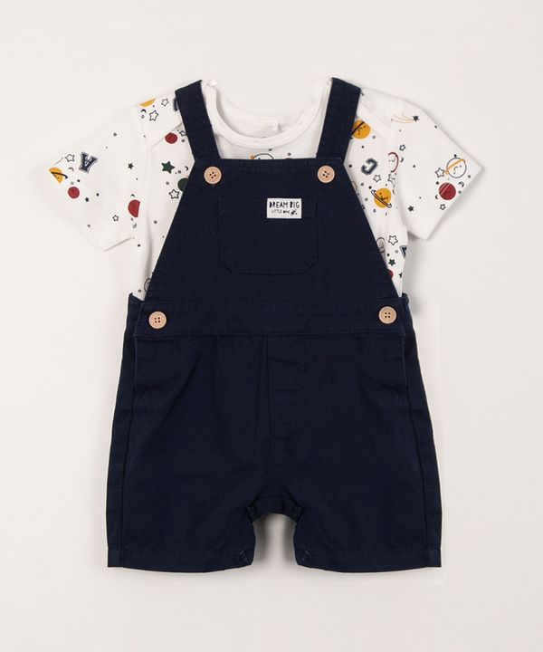 conjunto infantil camiseta manga curta + jardineira azul marinho 9-12