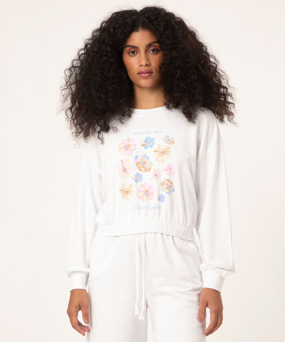 blusão cropped de moletom floral off white