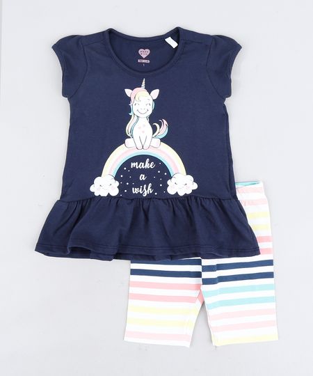 Conjunto Infantil de Blusa Unicórnio Manga Curta Azul Marinho + Bermuda Listrada Branca Menor preço em Conjunto Infantil de Blusa Unicórnio Manga Curta Azul Marinho + Bermuda Listrada Branca