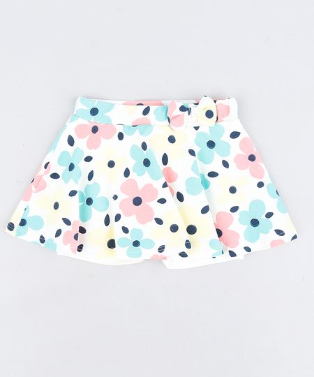 Short Saia Infantil Estampado Floral com Laço Off White Menor preço em Short Saia Infantil Estampado Floral com Laço Off White