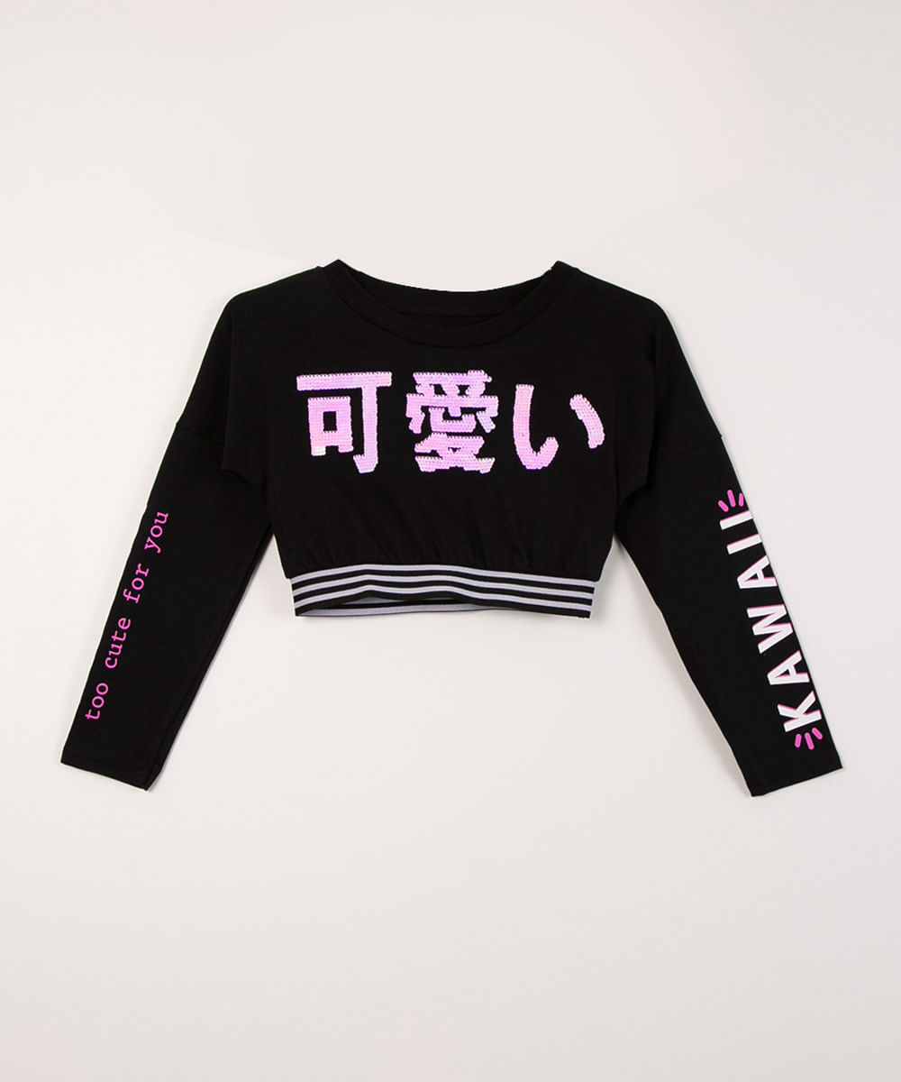 blusa juvenil cropped manga longa ideogramas paetê preto