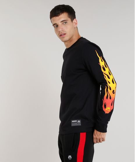 Camiseta-Masculina-Kings-Sneakers-Chamas-Manga-Longa-Gola-Careca-Preta-9285485-Preto_1
