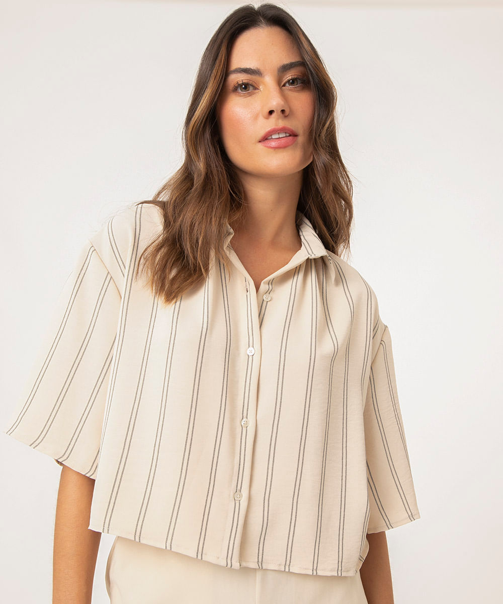 Vista 2 camisa cropped listrada manga ampla C&A Bege C&A Bege