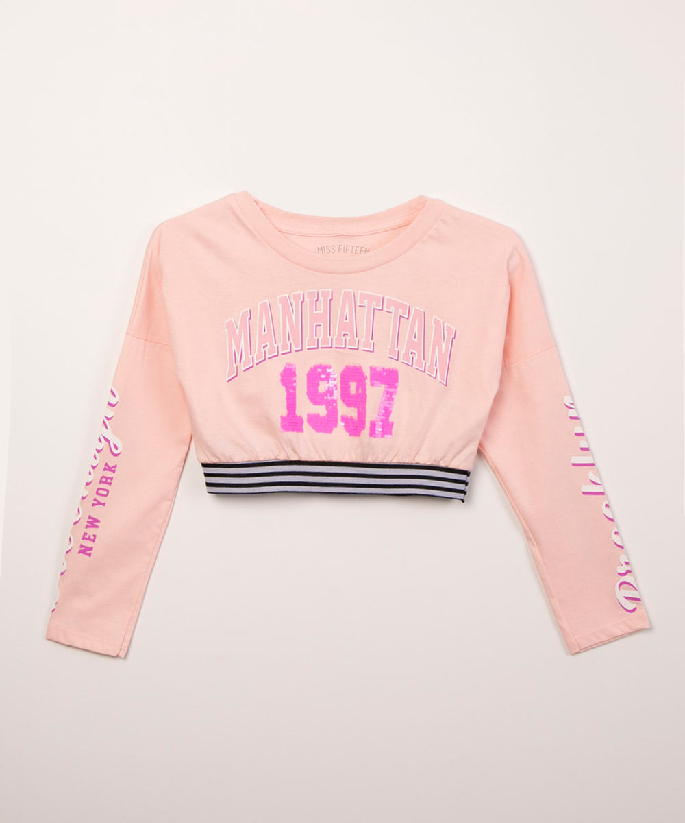 blusa juvenil manga longa cropped manhattan paetê rosa