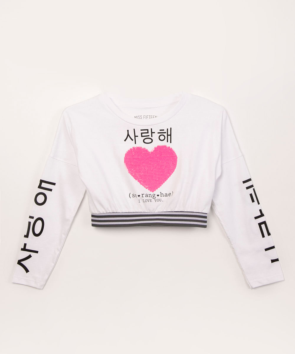 blusa juvenil manga longa cropped paetê off white