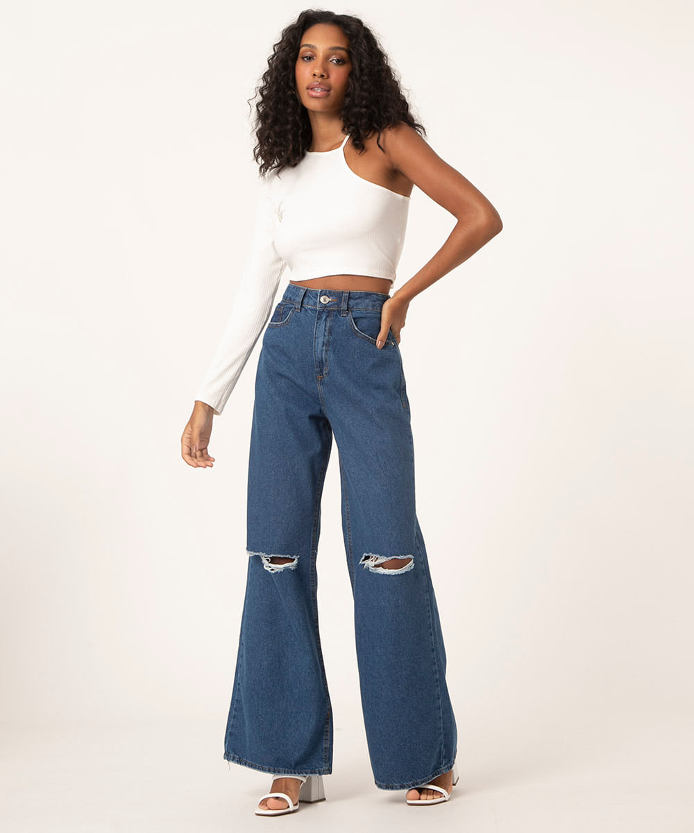 calça jeans wide leg azul escuro