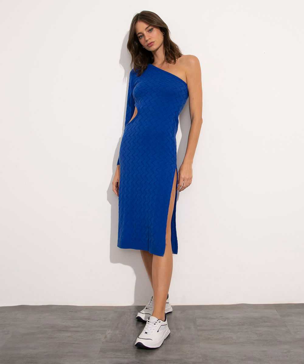 vestido midi de tricô one shoulder cut out mindset azul