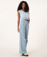Calça Wide Jeans Rasgada Cintura Super Alta Azul Claro