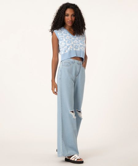 Calça Wide Jeans Rasgada Cintura Super Alta Azul Claro