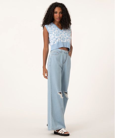 Calça Wide Jeans Rasgada Cintura Super Alta Azul Claro