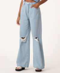 Calça Wide Jeans Rasgada Cintura Super Alta Azul Claro frente
