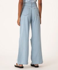 Calça Wide Jeans Rasgada Cintura Super Alta Azul Claro costas