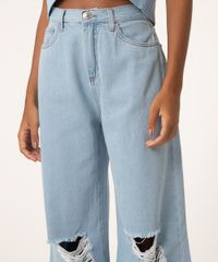 Calça Wide Jeans Rasgada Cintura Super Alta Azul Claro detalhe rasgos