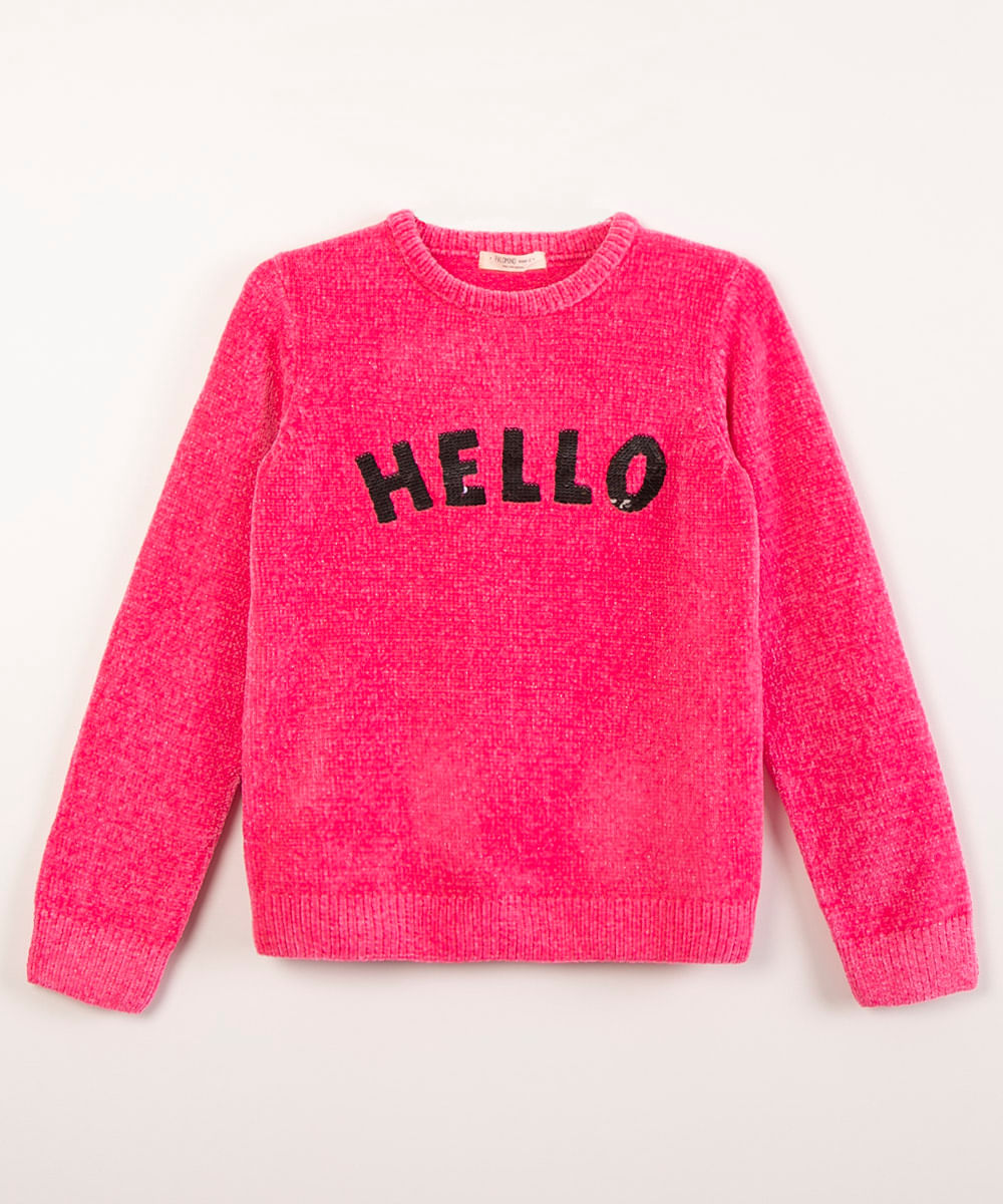 blusão infantil de tricô hello paetê rosa