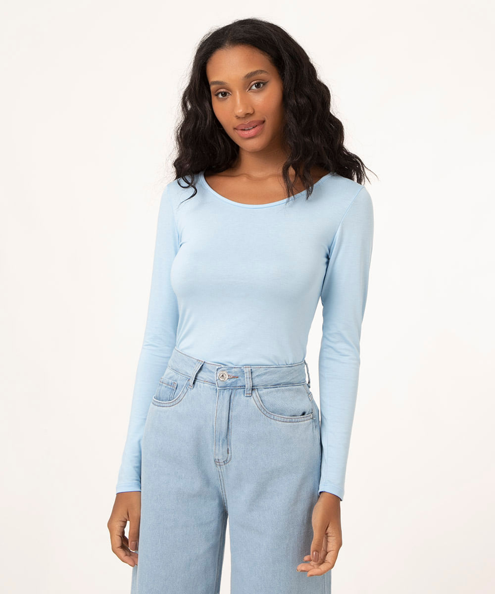 blusa básica de viscose manga longa cinza escuro - azul pastel