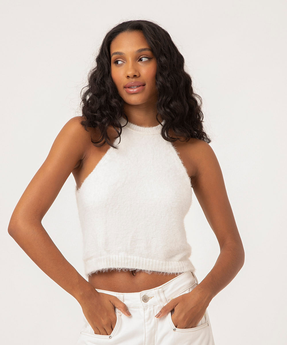 regata de tricô com pelinho halter neck off white