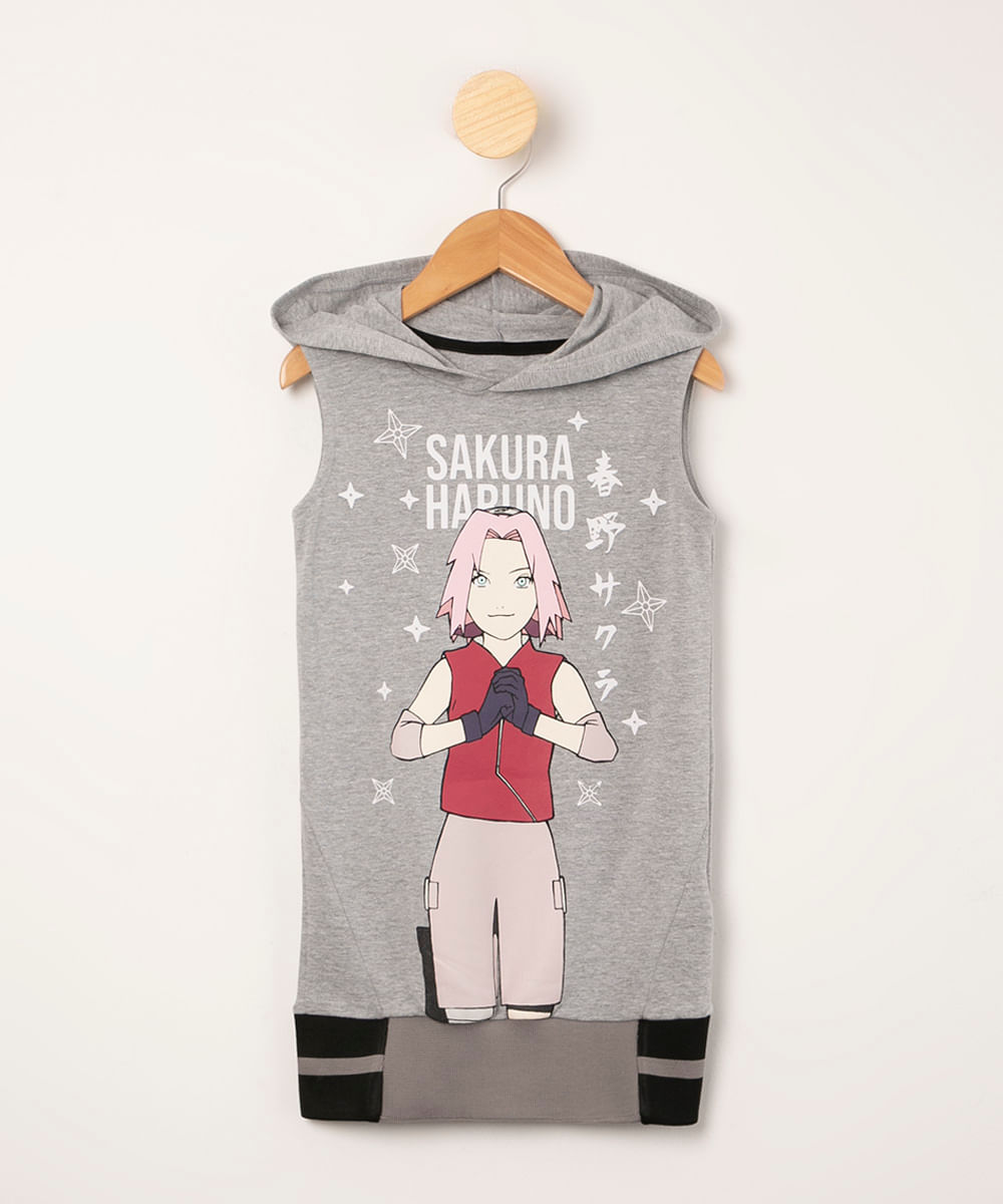 vestido infantil regata com touca estampa sakura haruno cinza mescla