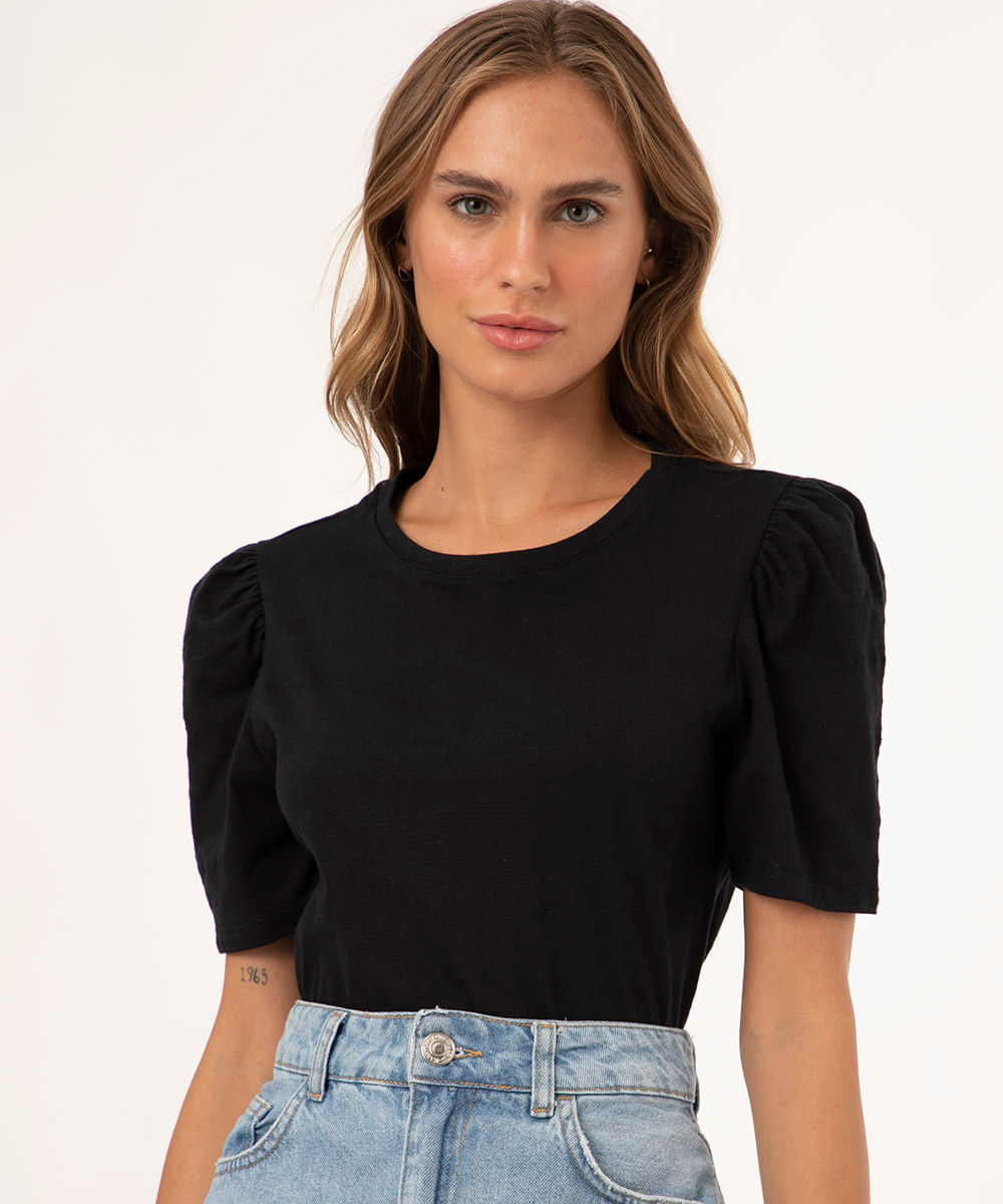 blusa de algodão manga bufante roxo uva - preto