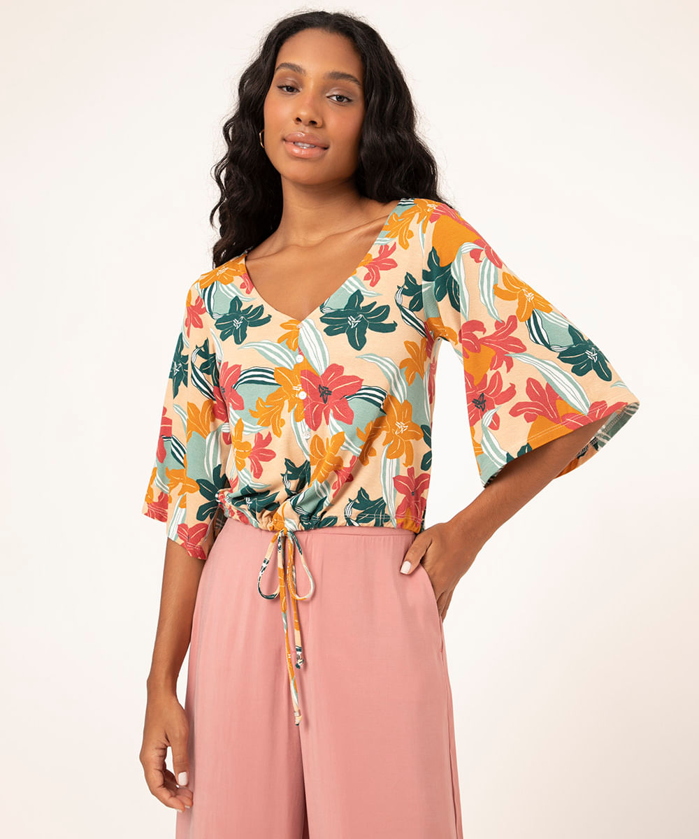 blusa com botões e amarração floral multicor