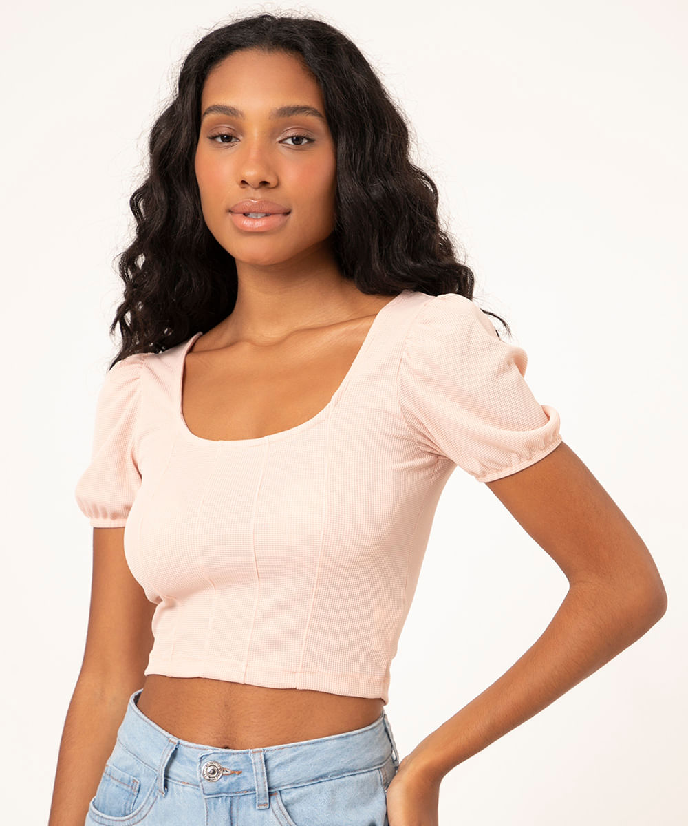 blusa cropped corset manga bufante rosê