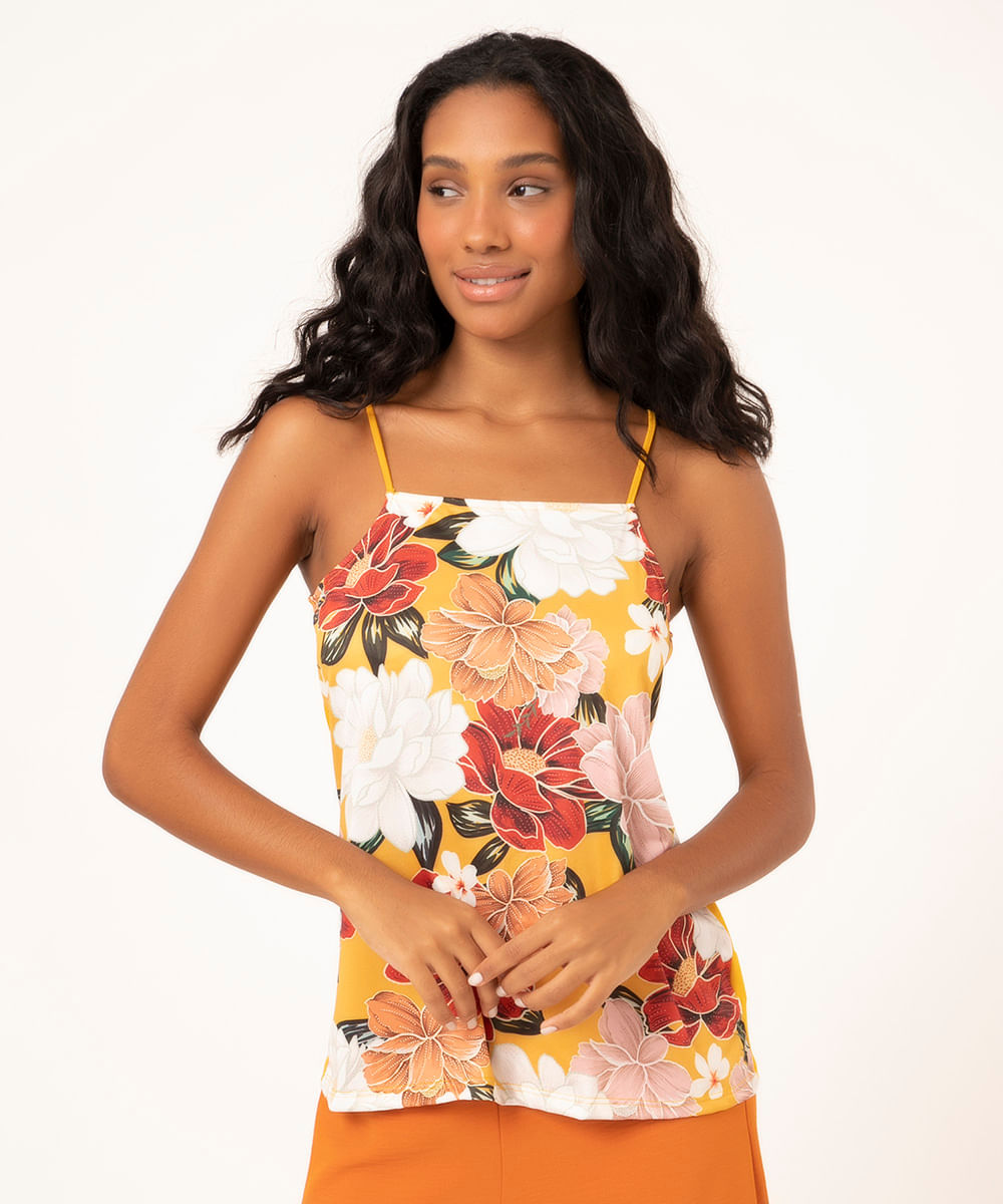 Regata Halter Neck Estampada Floral Alça Fina Mostarda