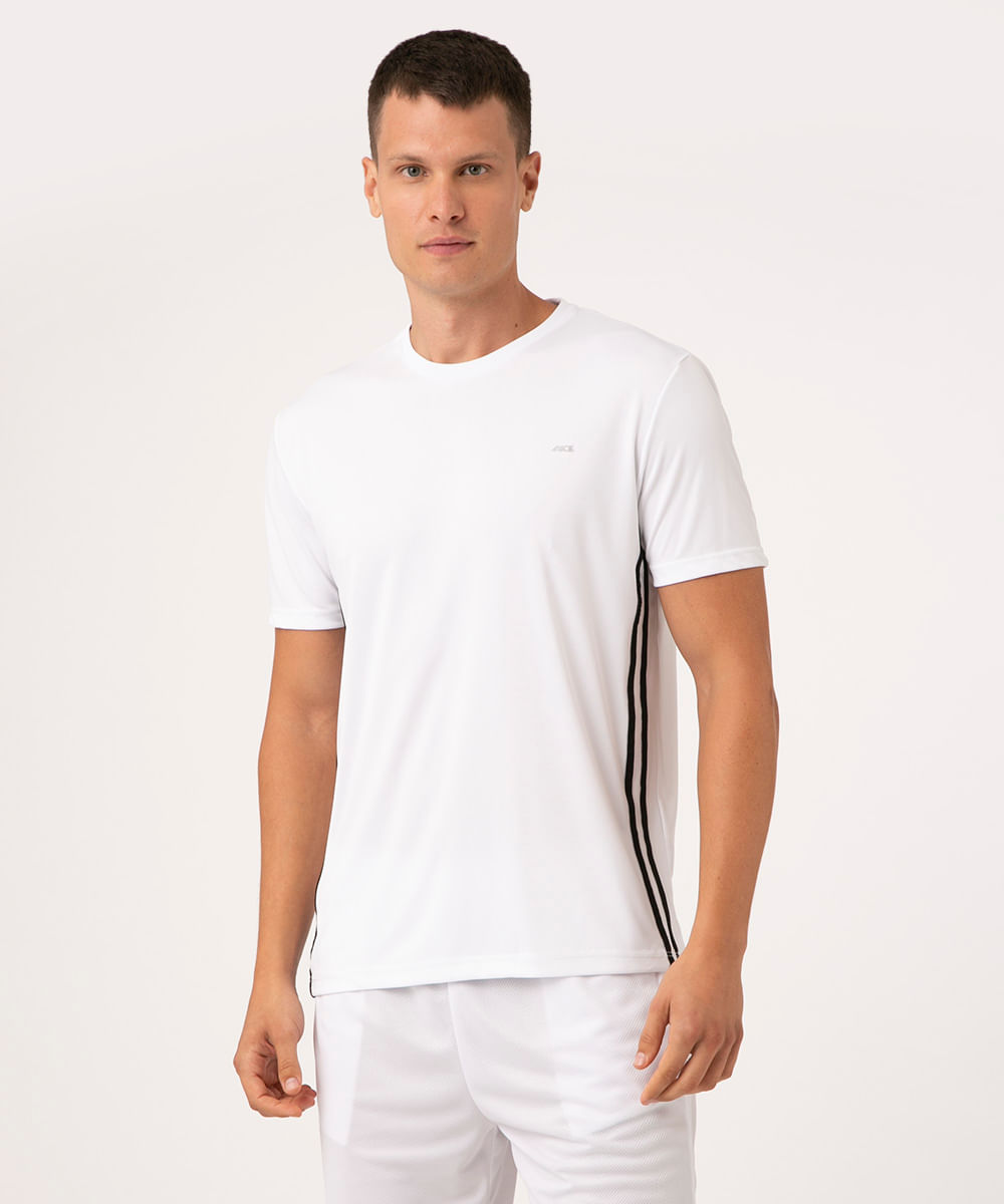 camiseta gola careca com listra lateral esportivo ace branco