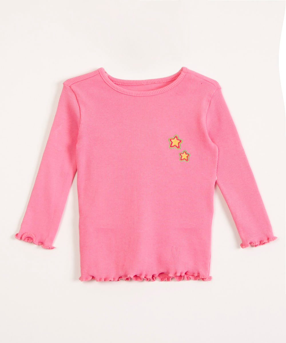 blusa infantil canelada manga longa estrelas pink