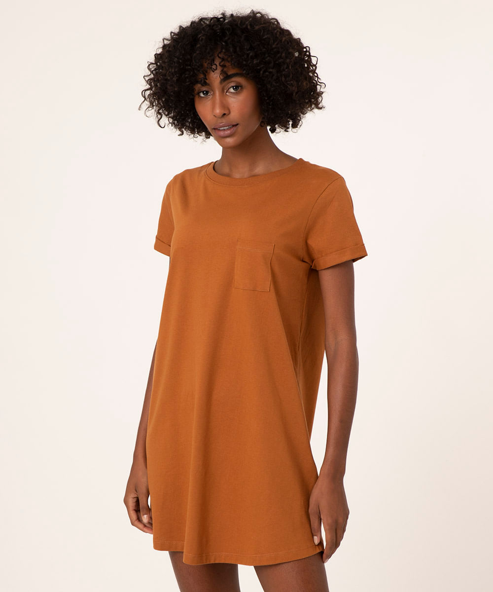 vestido básico de algodão manga curta marrom médio