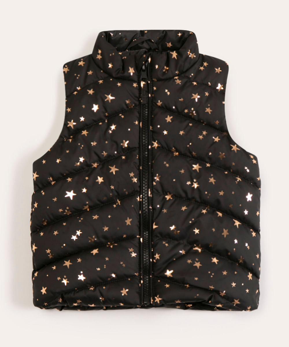 colete infantil puffer estrelas preto