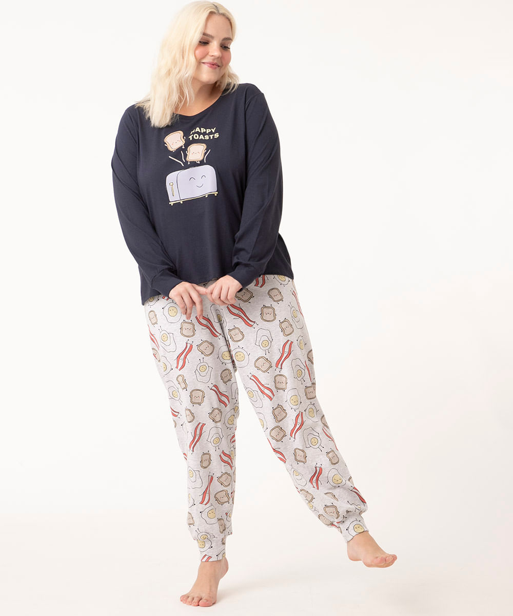 pijama manga longa + calça café da manhã plus size azul marinho