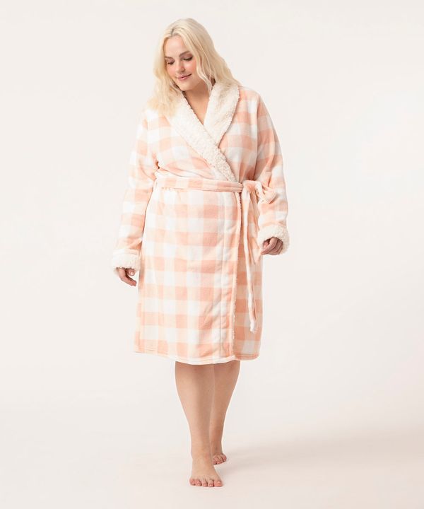 roupão plus size de fleece xadrez rosa GG1