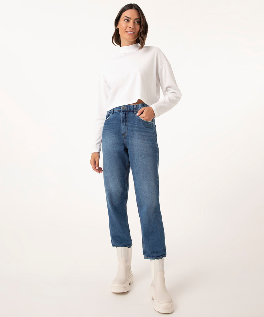 calça jeans mom cropped com elástico azul escuro