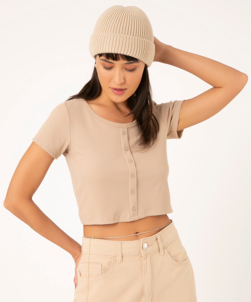 blusa básica cropped canelada com botões bege