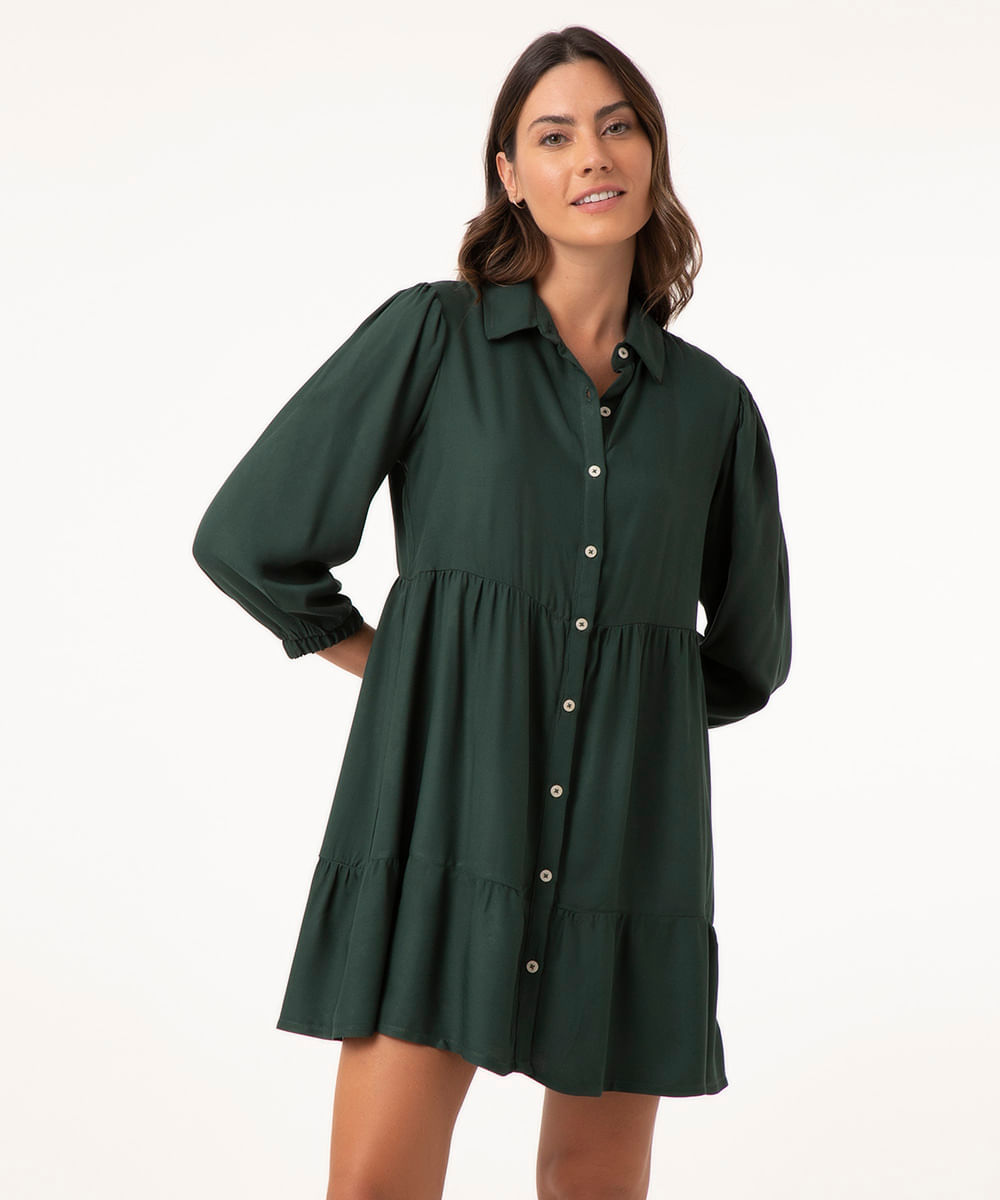 vestido chemise curto de viscose manga bufante verde