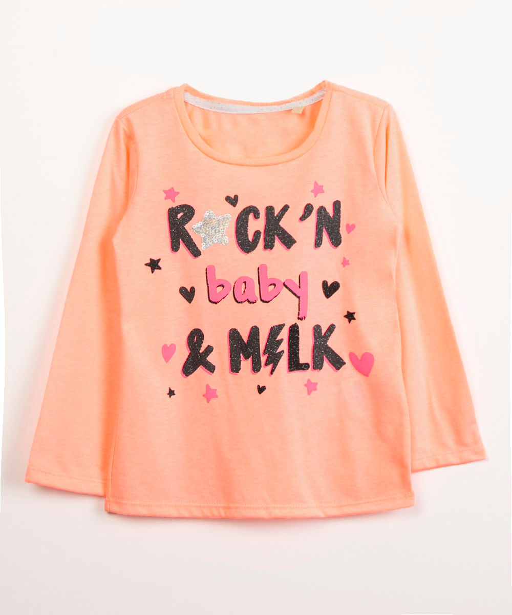 camiseta infantil manga longa rock'n & milk rosa