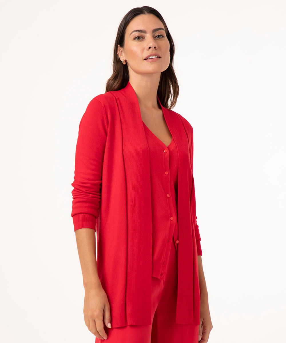 Vista 2 cardigan alongado de tricô gola canelada médio C&A Vermelho C&A Vermelho