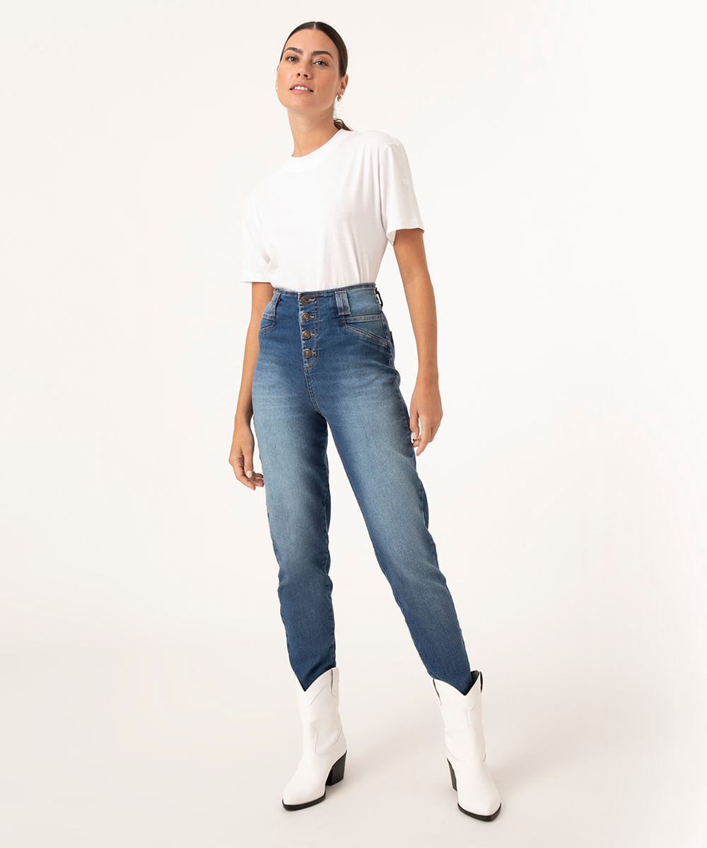 calça mom jeans com botões sawary azul escuro