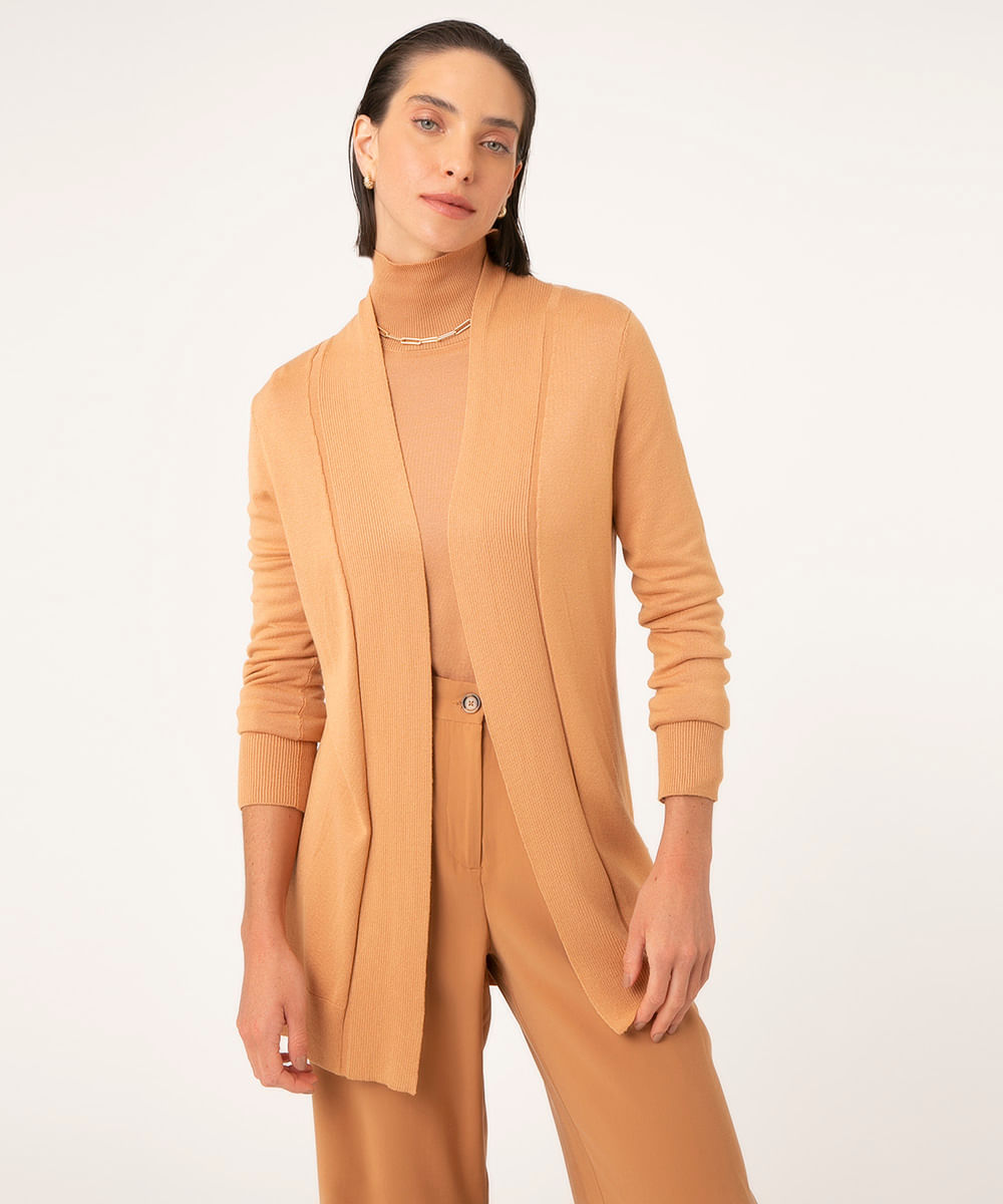 Vista 2 cardigan alongado de tricô gola canelada C&A Caramelo C&A Caramelo