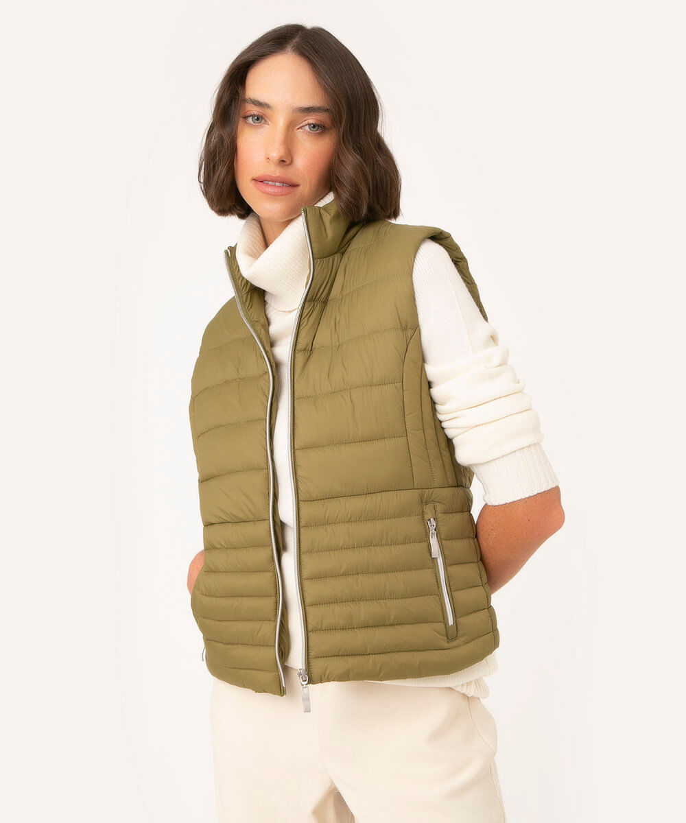 colete puffer de nylon com bolso verde militar