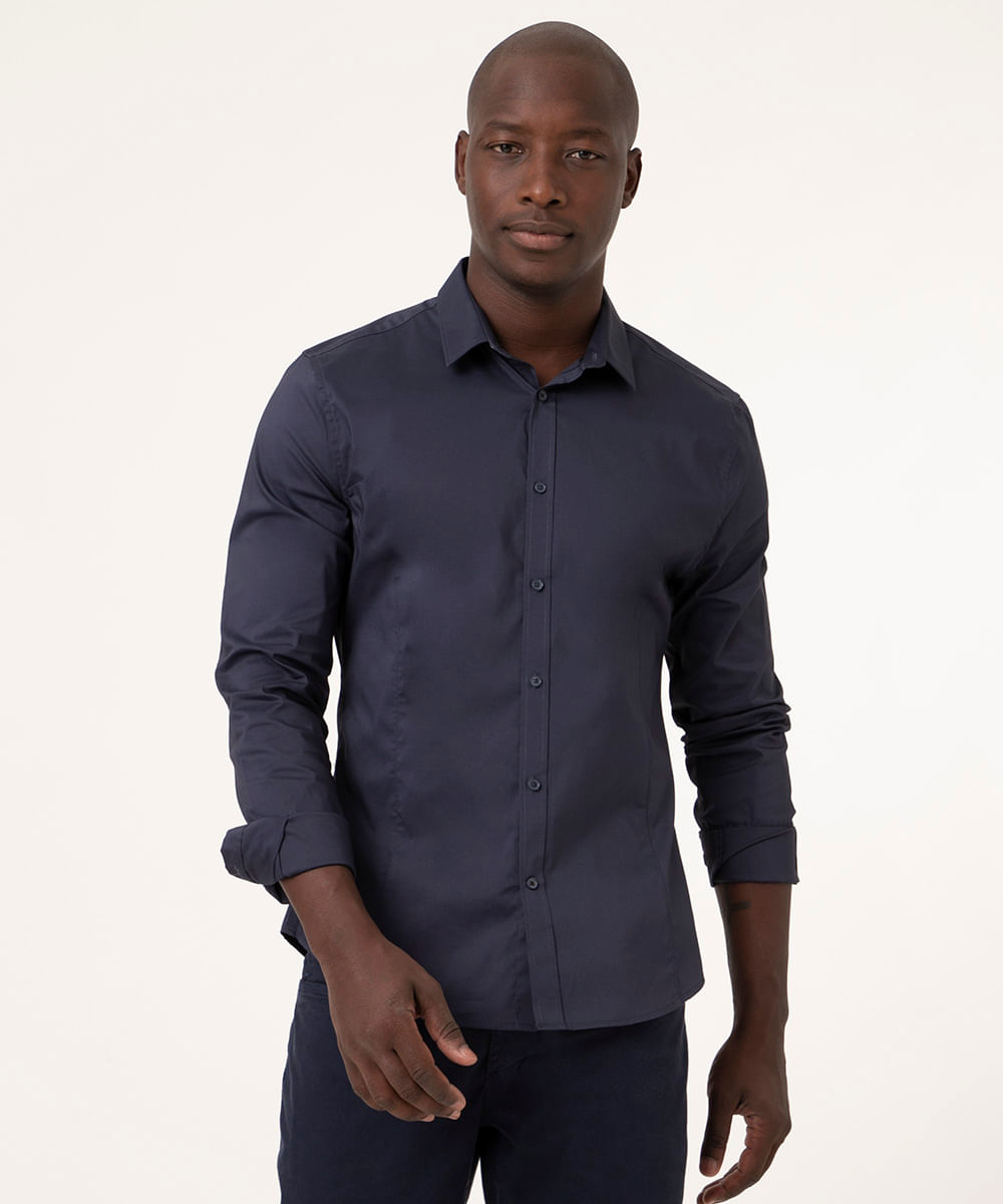 Camisa Social Masculina Slim Manga Longa Azul Marinho