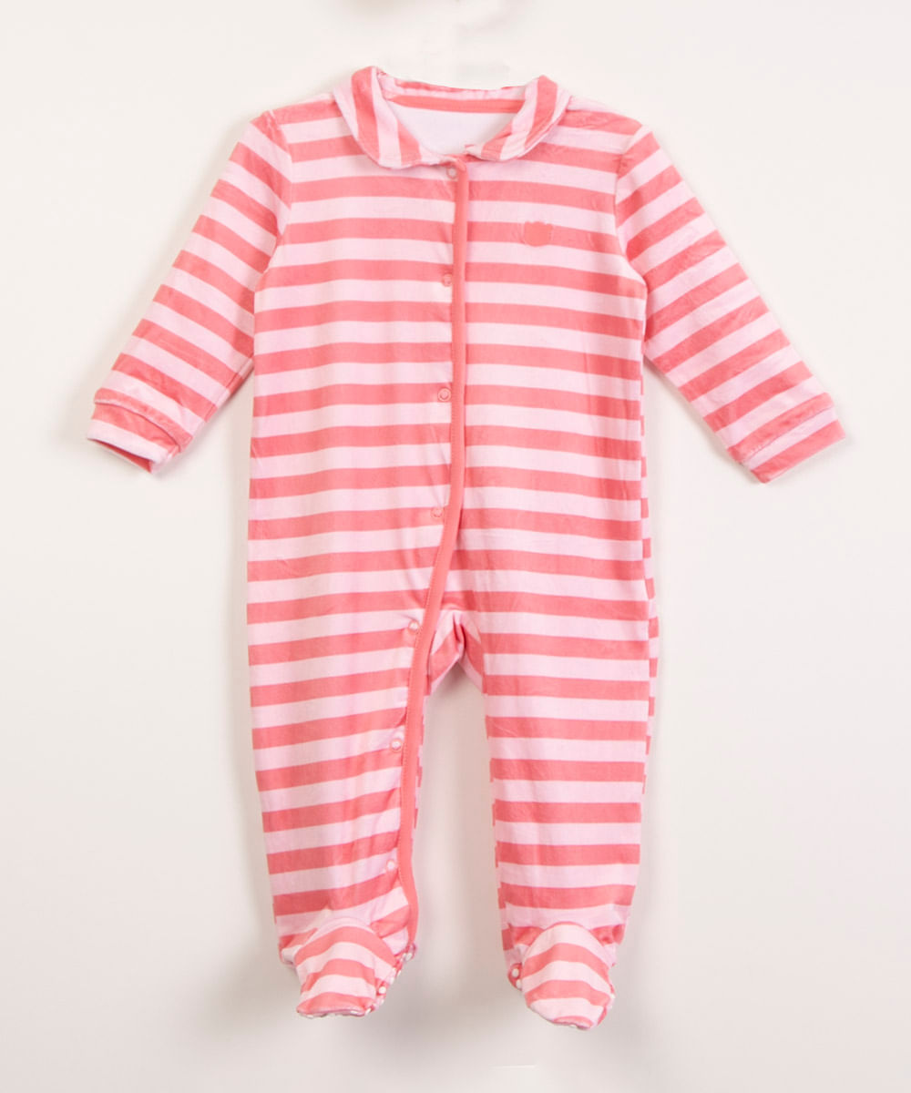 macacão infantil de plush listrado rosa claro