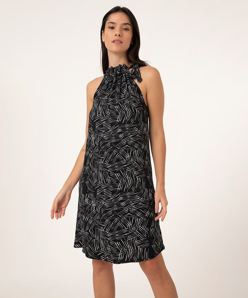 Vestido Feminino Curto Halter Neck Estampado Preto