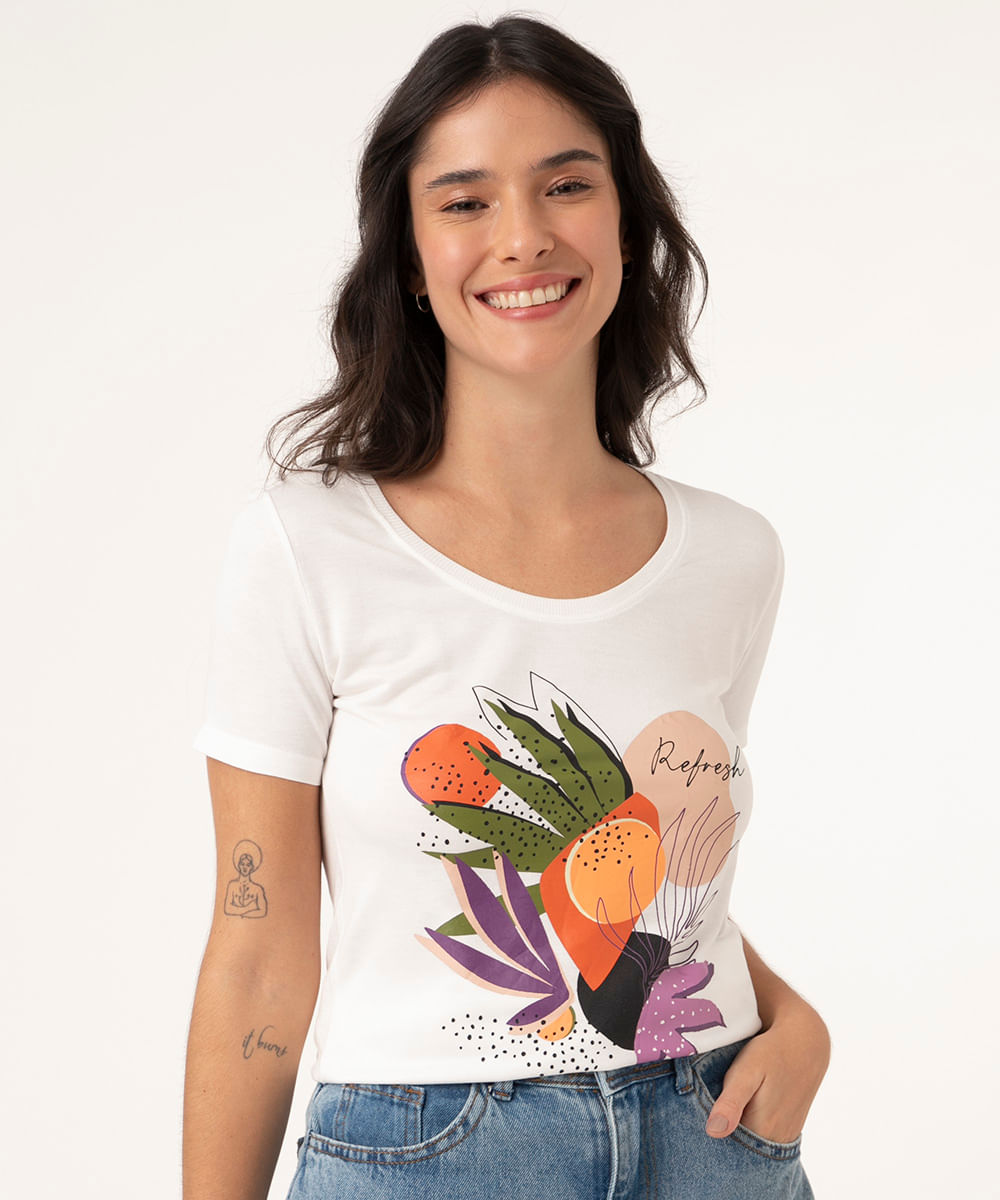 Camiseta Alongada de Viscose Folhagem Manga Curta Off White