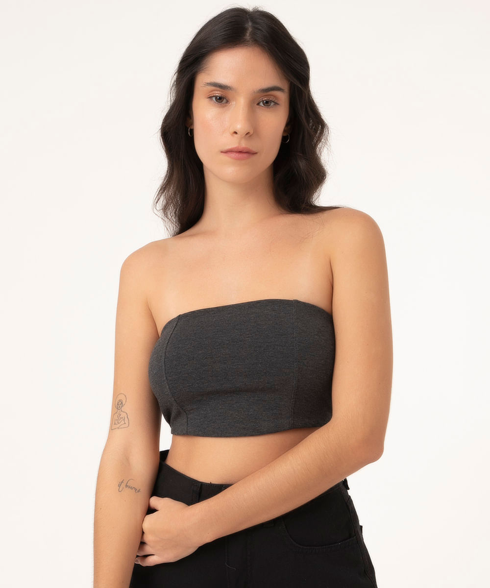 cropped Corset sem alça Cinza Mescla Escuro