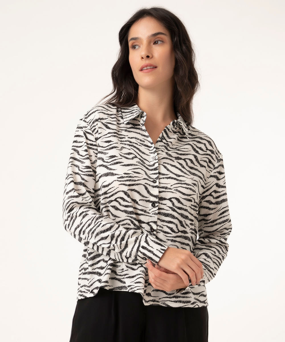 camisa acetinada manga longa animal print off white