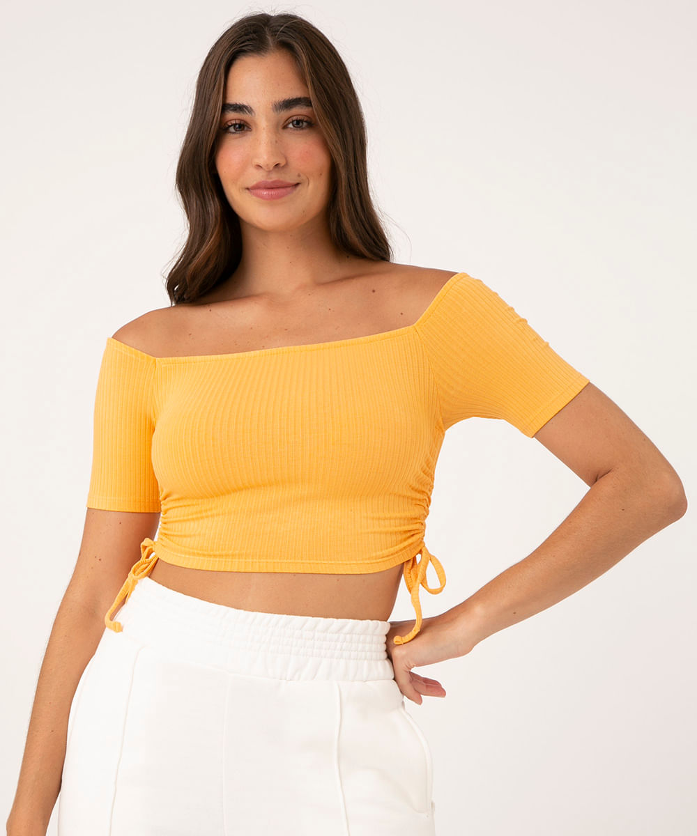 Blusa Cropped Canelada com Amarração Manga Curta Decote Reto Laranja