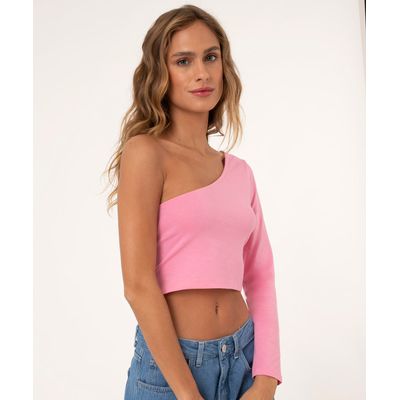 Blusa Cropped One Shoulder Manga Longa Rosa